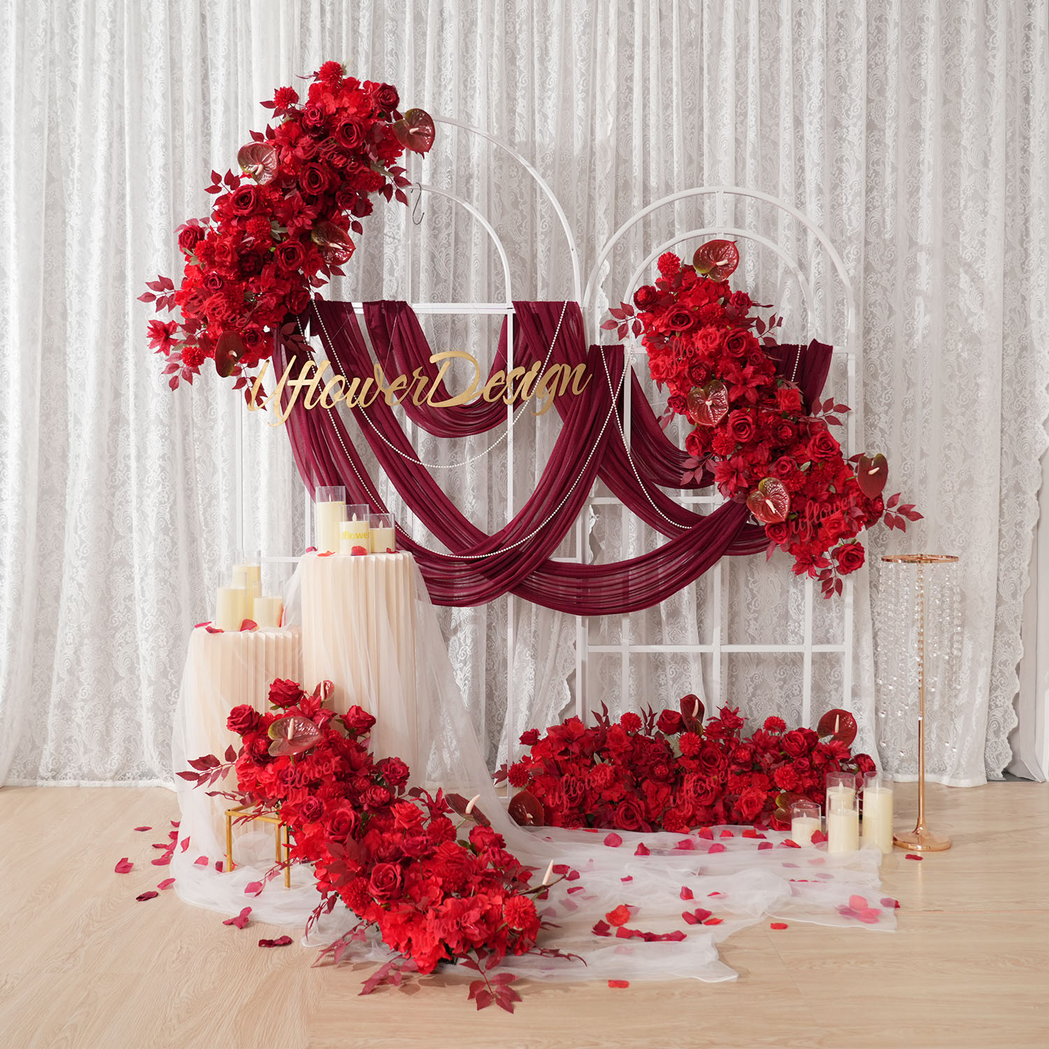 Wedding Arch Flower - Uflower Kırmızı Çiçek Sıralı Düğün Kemeri